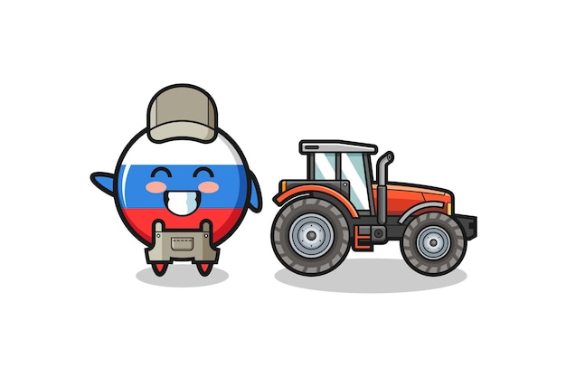 De mascotte van de Russische vlagboer staat naast een schattig ontwerp van een tractor