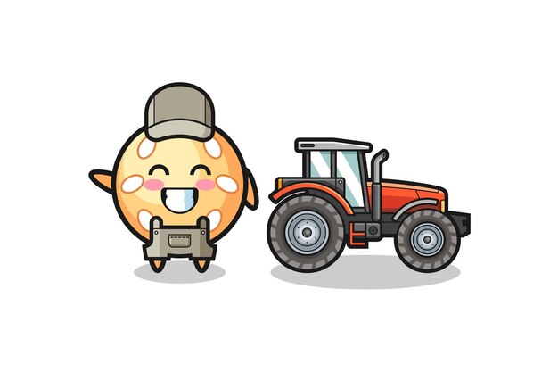 De mascotte van de sesambalboer staat naast een tractor