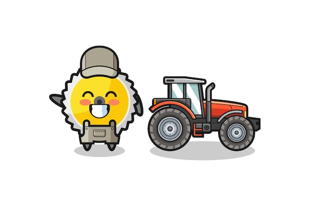 De mascotte van de zaagbladboer die naast een tractor staat