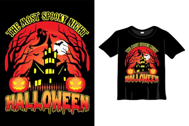 De meest spookachtige nacht Halloween T-Shirt ontwerpsjabloon. Halloween T-Shirt met Pompoen, Maan, Boo