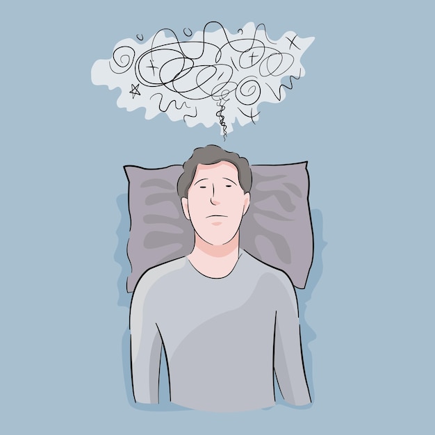 De mens kan niet slapen met slapeloosheid, denkend en bezorgd in bed