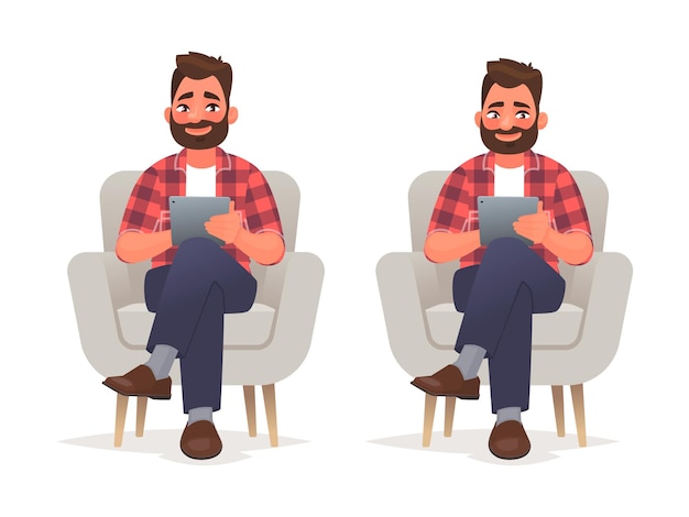 De mens zit in een stoel en houdt een tablet in zijn handen. Surfen op internet en werken in een mobiele applicatie. in cartoon-stijl