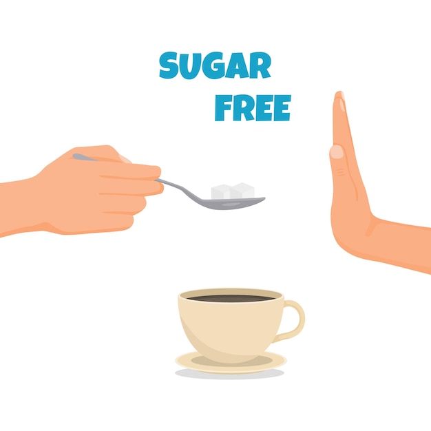 Vector de menselijke hand weigert suiker te gebruiken voor een kop koffie.