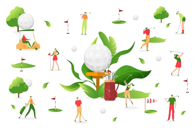 De mensen spelen golf bij witte achtergrond, illustratie. Man vrouwenkarakter, sport openluchtactiviteit. Professionele speler