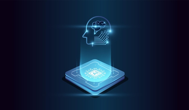 De microchip en het digitale hoofd van het systeem in het midden vertegenwoordigen de rekenkracht