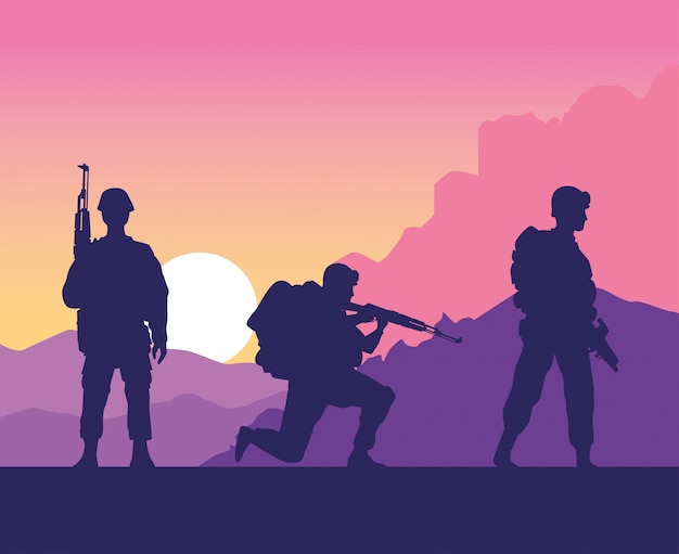 De militairen stellen silhouetten bij zonsondergangscène voor