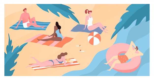 De moderne karaktermensen reizen de hete kust van het land, mannelijke vrouwelijke sunbathers zandstrand illustratie. rustig rustgebied.