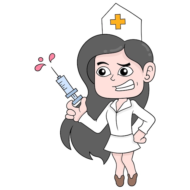 De mooie en sexy verpleegster brengt injectie voor vaccin, vectorillustratieart. doodle pictogram afbeelding kawaii.