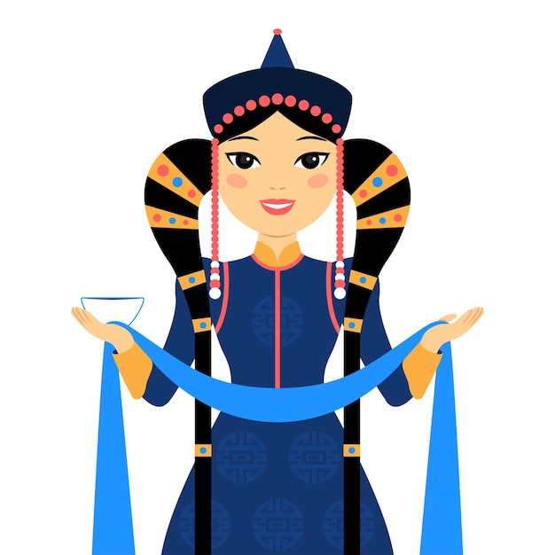 Vector de mooie mongoolse vrouw in de nationale klederdracht met het blauwe lint en de witte kom