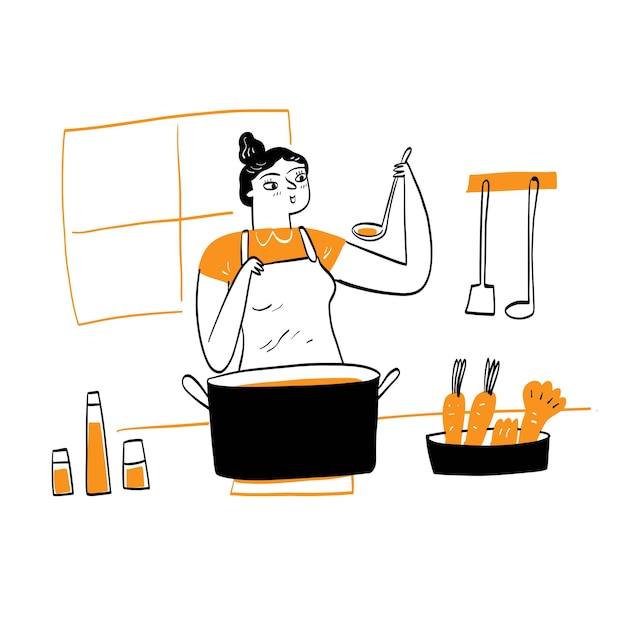Vector de mooie vrouw die een huisvrouw kookt, hand tekenen, zwarte lijnen, hand tekenen vector illustratie doodle stijl.