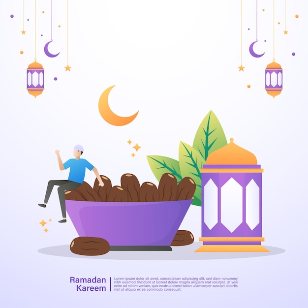 De moslimman is gelukkig en geniet van de iftarmaaltijd van Ramadan. Illustratie concept van ramadan kareem