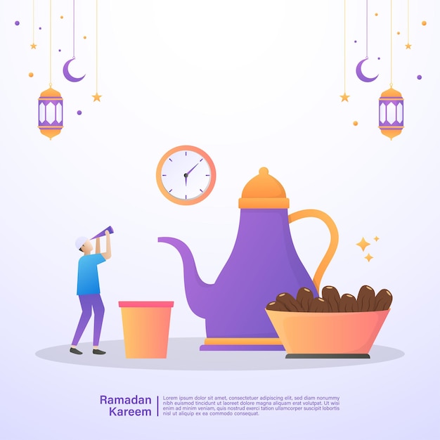 De moslimman wacht op de iftar van Ramadan. Illustratie concept van ramadan kareem