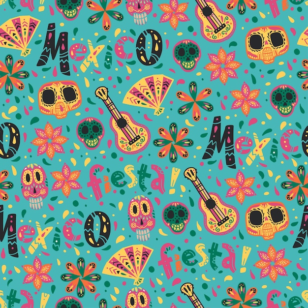 Vector de naadloze patroon vector met mexico traditionele viering decor elementen - fiesta belettering, gitaar, schedel, ventilator en florale ornamenten geïsoleerd op blauwe achtergrond. goed voor verpakkingen, prints, textiel