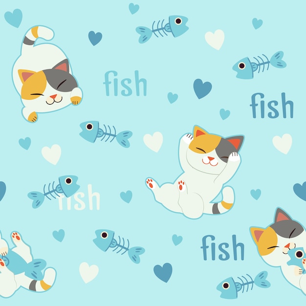 De naadloze patroonachtergrond voor karakter van leuke kat in liefde met visgraat.