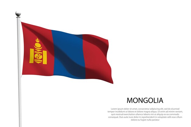 De nationale vlag van Mongolië zwaait op een witte achtergrond.