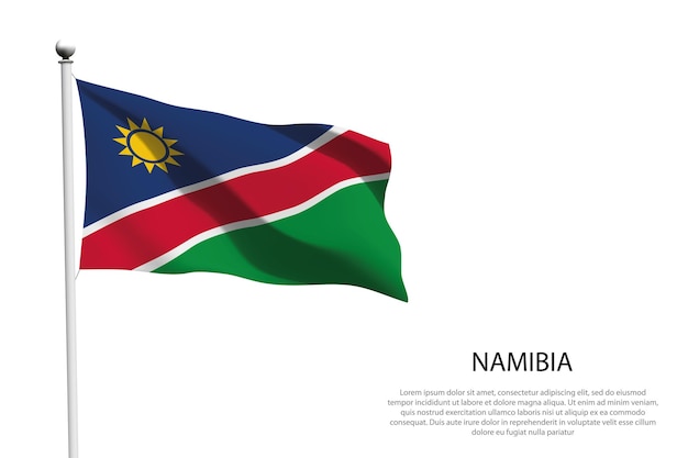 De nationale vlag van Namibië zwaait op een witte achtergrond.