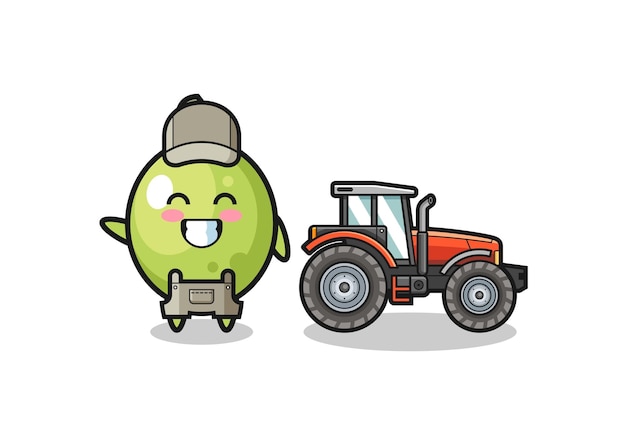 De olijfboer-mascotte die naast een tractor staat
