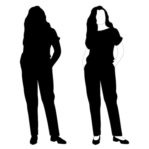 De omtrek van een zwart-wit silhouet van een slank, stijlvol meisje in een modieus pak dat staat