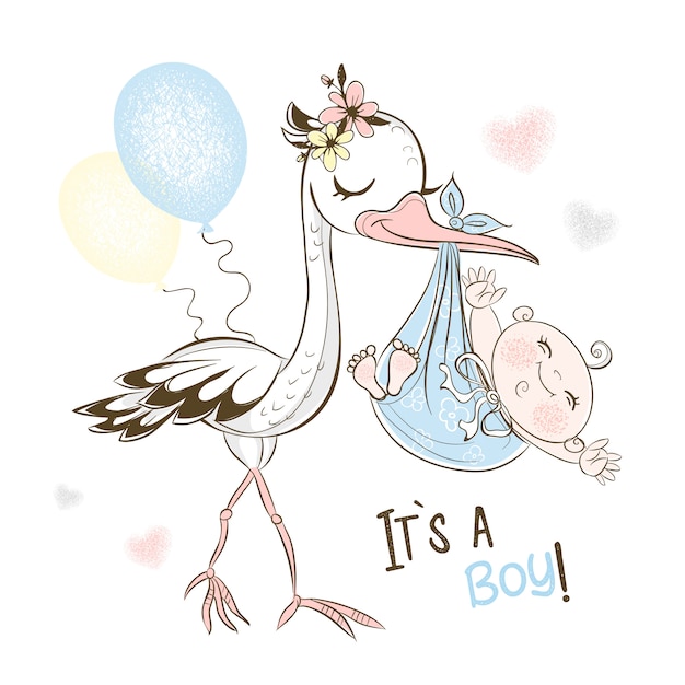 Vector de ooievaar bracht de babyjongen. babyshower.