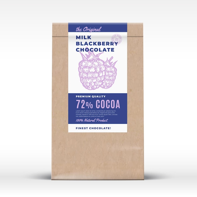 De originele melk Blackberry chocolade ambachtelijke papieren zak Productetiket Abstract vector verpakking ontwerp lay-out met realistische schaduwen moderne typografie en handgetekende bessen silhouet