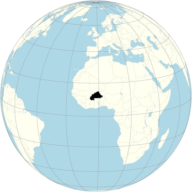 Vector de orthografische projectie van de wereldkaart met burkina faso in het midden een land dat geen toegang tot de zee heeft