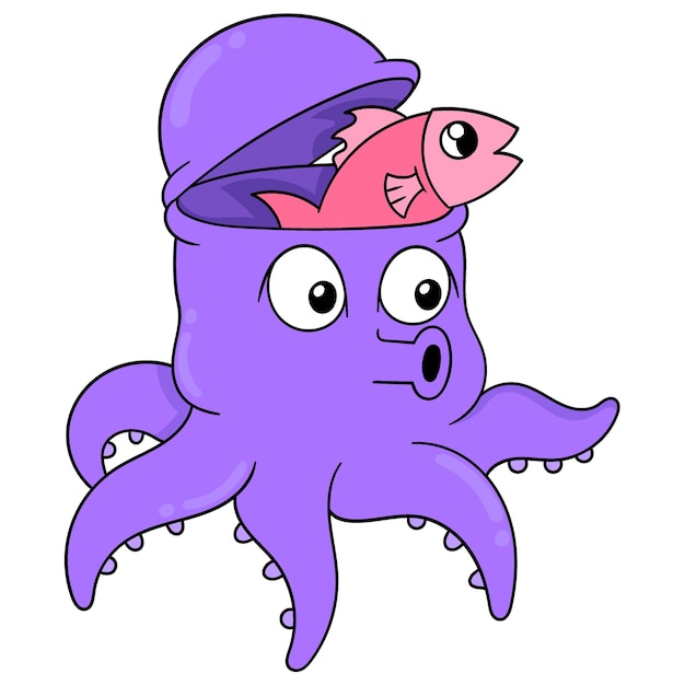 De paarse octopus haalt de vis van zijn kop doodle pictogramafbeelding kawaii