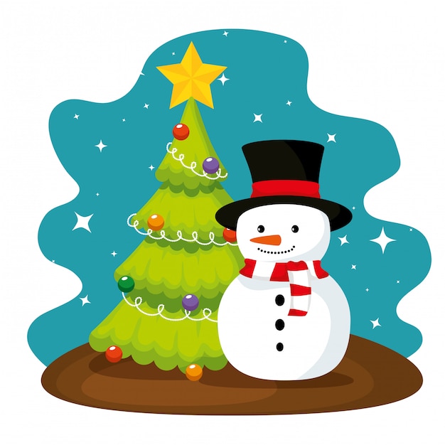 De pijnboomboom en sneeuwman van kerstmis met hoed