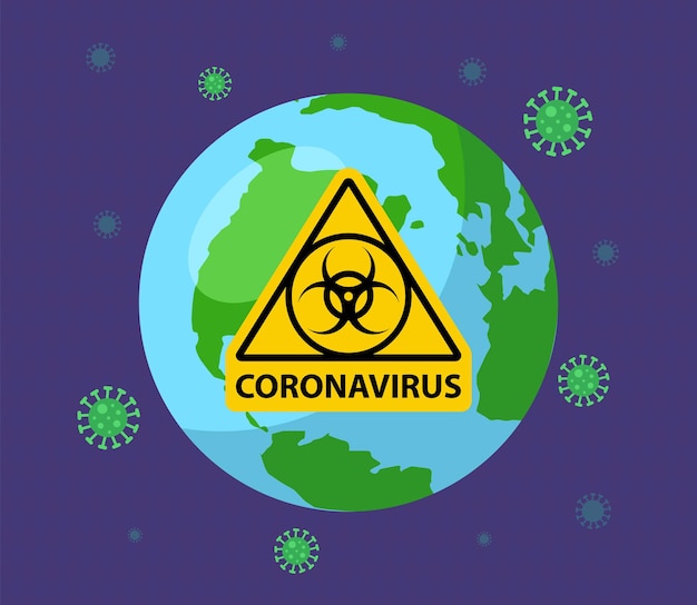 De planeet is ziek met een coronovirus. gele teken biologische wapens. platte vectorillustratie.