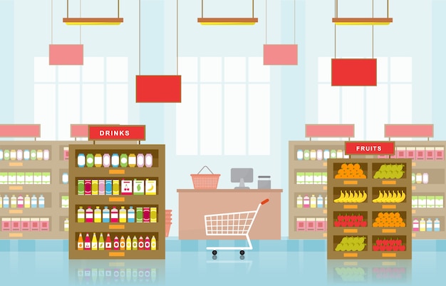 De plank van de supermarktkruidenierswinkel slaat kleinhandelswinkelwandelgalerij binnenlandse vlakke illustratie op