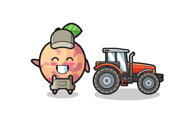 De pluotfruitboer-mascotte die naast een tractor staat