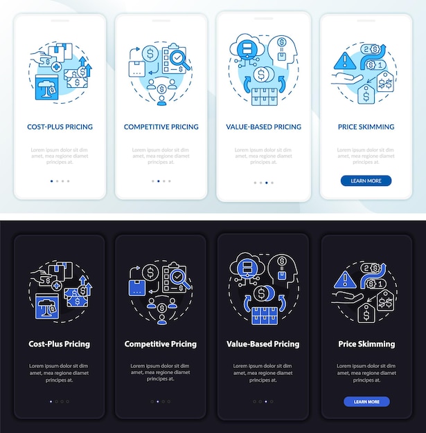 De prijs nadert de nacht- en dagmodus voor het onboarding-scherm van de mobiele app. doorloop 4 stappen grafische instructiepagina's met lineaire concepten. ui, ux, gui-sjabloon. myriad pro-bold, reguliere lettertypen gebruikt