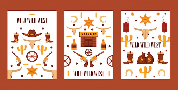 De reeks van wilde westennen banners met geïsoleerde pictogrammen, illustratie. cartoon stijl symbolen van amerikaanse western, cowboy avonturen.