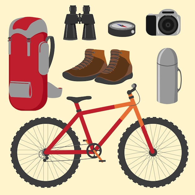 De reis op de fiets. Set van pictogrammen. Vector illustratie.
