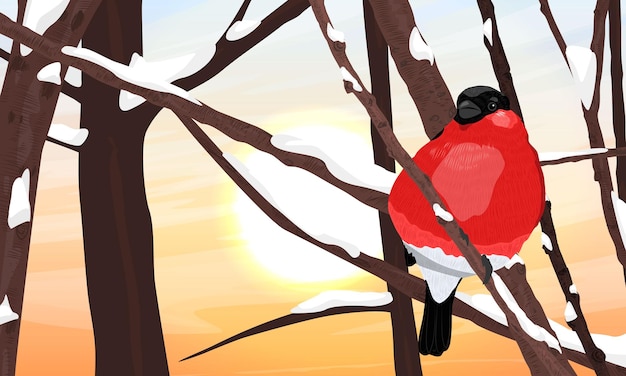 De rode goudvink Pyrrhula pyrrhula zit op de takken van een boom in de sneeuw