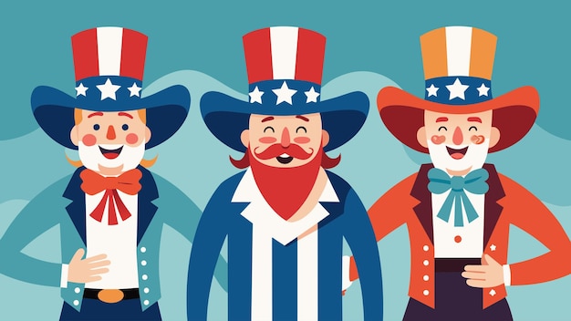 Vector de rodeo clowns voegen een vleugje humor toe aan het evenement gekleed in uncle sam geïnspireerde kostuums compleet