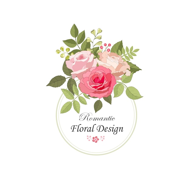 De roos elegante kaart Rond frame met prachtig boeket roze bloemen en bladeren