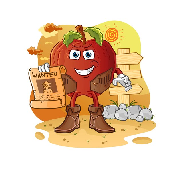 De rotte appelcowboy met gezocht papier. cartoon mascotte vector