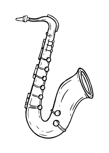 De saxofoon is een muziekinstrument in de stijl van handgetekende vector zwart-wit doodle