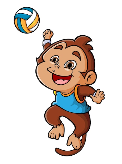 De schattige aap doet de volleybal en springt zo hoog