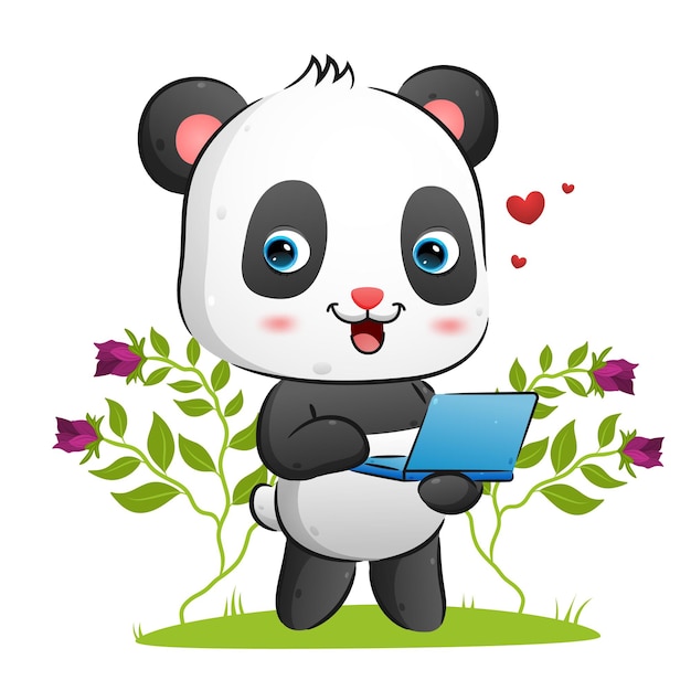 De schattige panda houdt een laptop vast om iets illustratie te presenteren