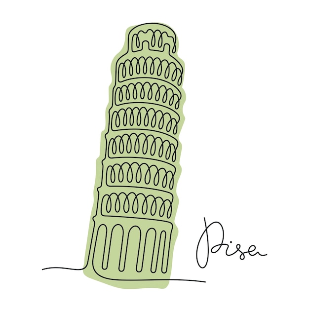 Vector de scheve toren van pisa italië doorlopende lijn kleurrijke vectorillustratie