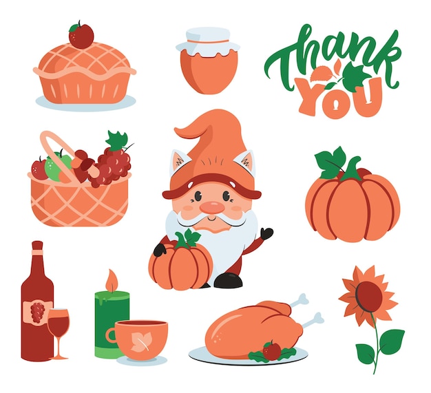 Vector de set herfststickers met kabouter de pompoen en pictogrammen voor thanksgiving day