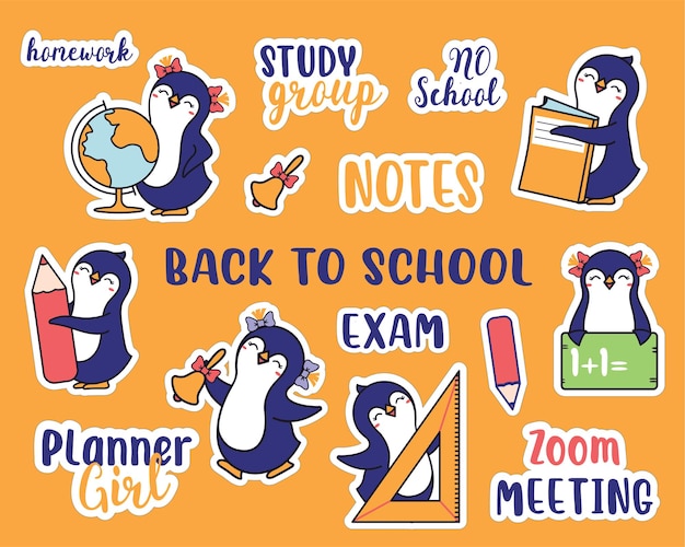 De set stickers voor Terug naar school Handgetekende verzameling dieren en schoolcitaten De pinguïns en zin