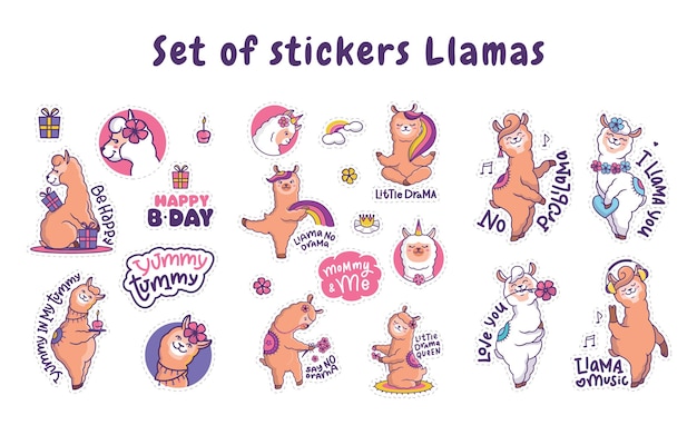 Vector de set van vrolijke lama's alpaca. cartoonesk dier met belettering zinnen.