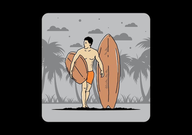 De shirtloze man met een surfplankillustratie