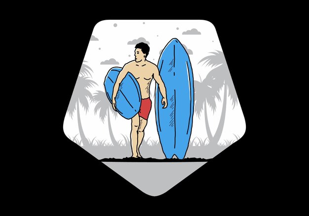 De shirtloze man met een surfplankillustratie