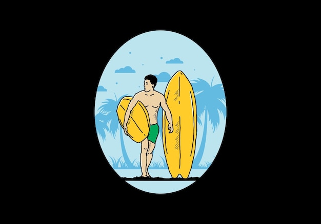 De shirtloze man met een surfplankillustratie