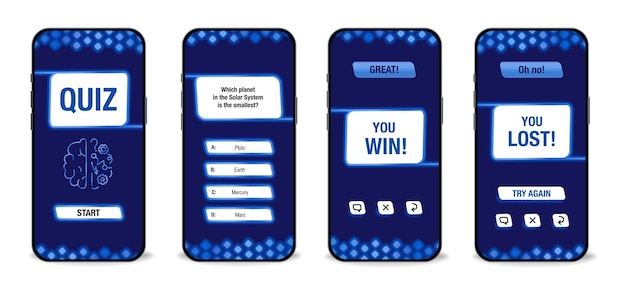 De sjabloon van de mobiele applicatie-interface voor de quiz op een donkerblauwe achtergrond testexamen