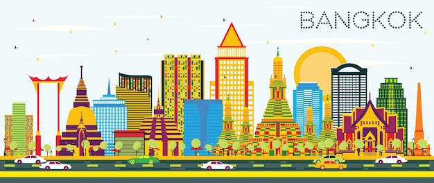 De skyline van bangkok met kleuroriëntatiepunten en blauwe lucht. vectorillustratie. zakelijke reizen en toerisme concept. afbeelding voor presentatiebanner plakkaat en website.