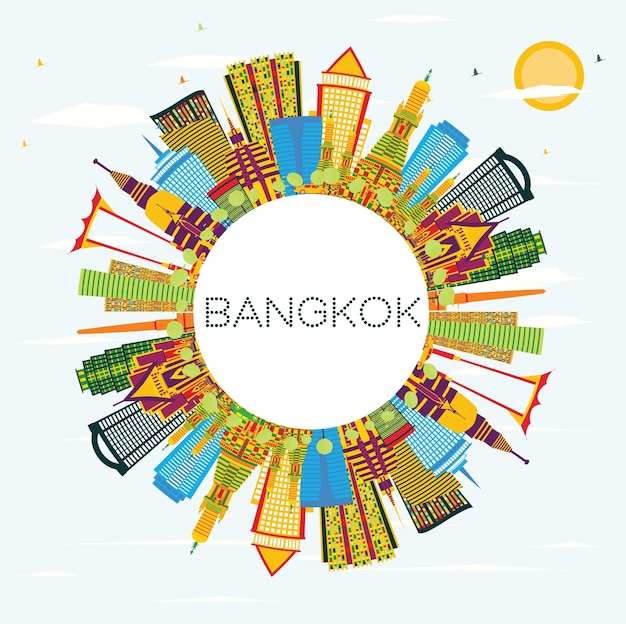 De skyline van bangkok thailand met kleuroriëntatiepunten, blauwe lucht en kopieerruimte. vectorillustratie. zakelijke reizen en toerisme concept. bangkok stadsgezicht met monumenten.